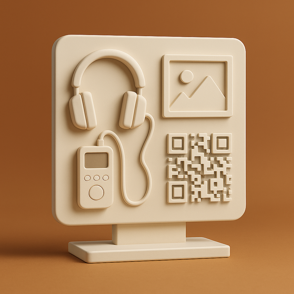white 3d stand with embossed headphones, playback device, image icon and QR code
