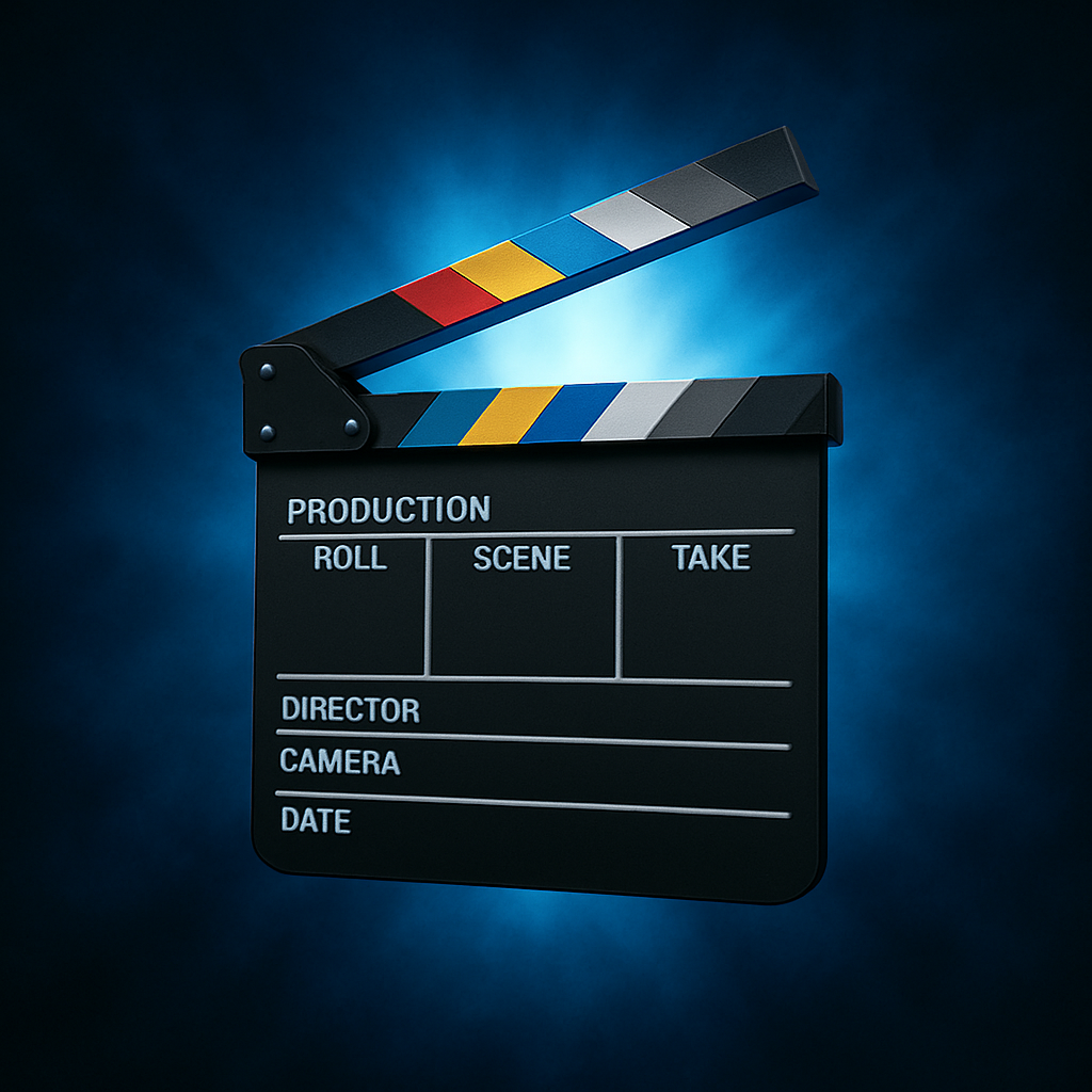Black and White clapperboard on a blue background