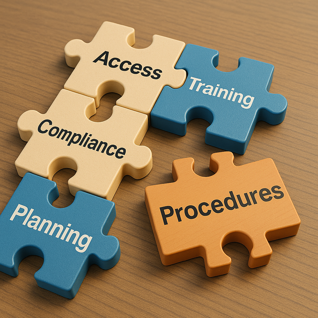 Puzzle pieces with words regarding integrating access