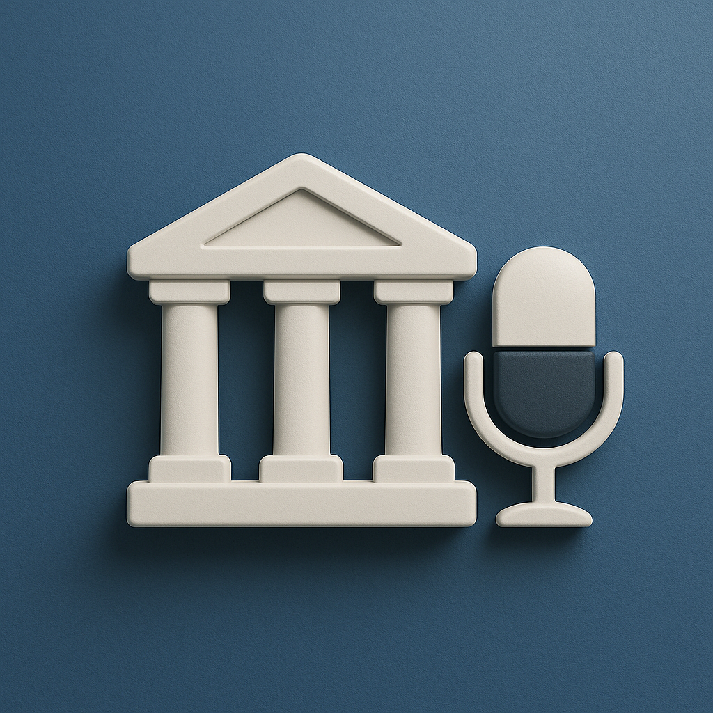 Image shows a 3d three pillared building and a microphone