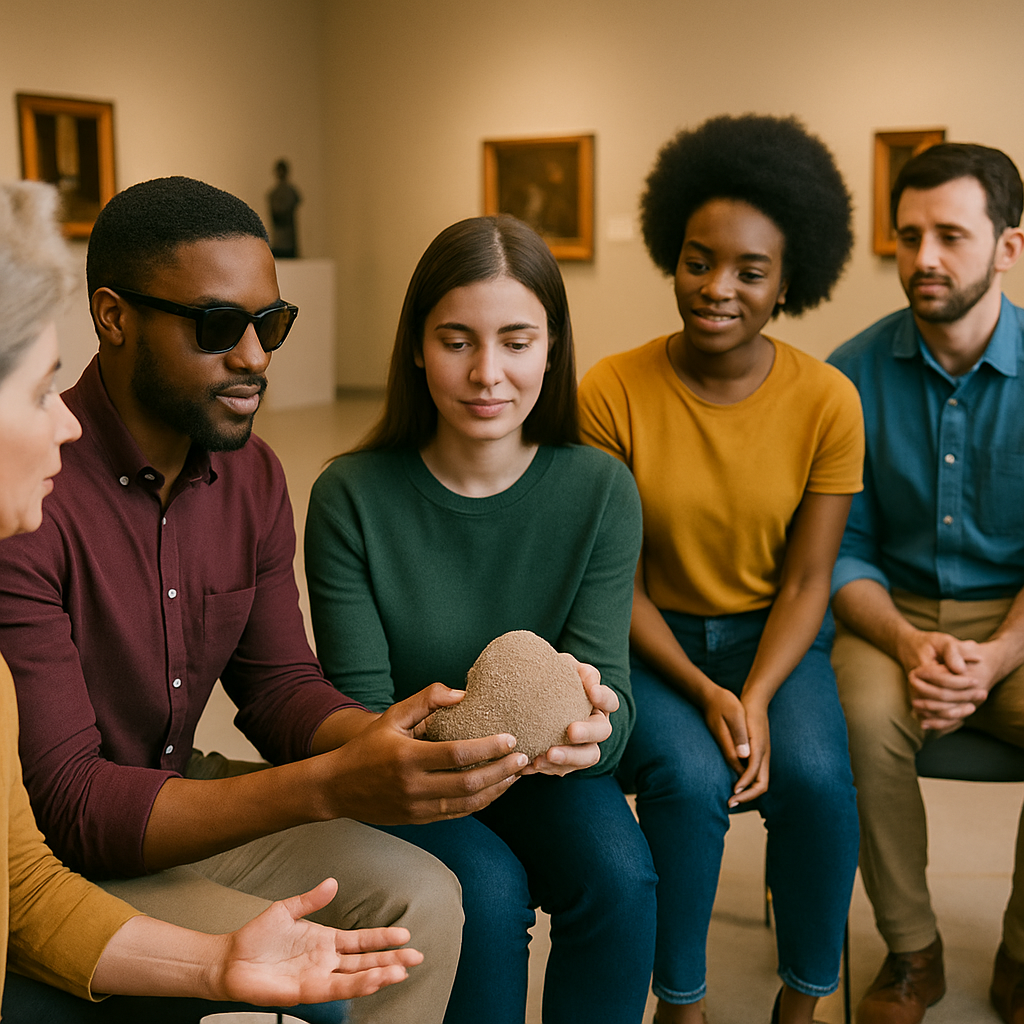 a group of people discuss an item at a touch tour